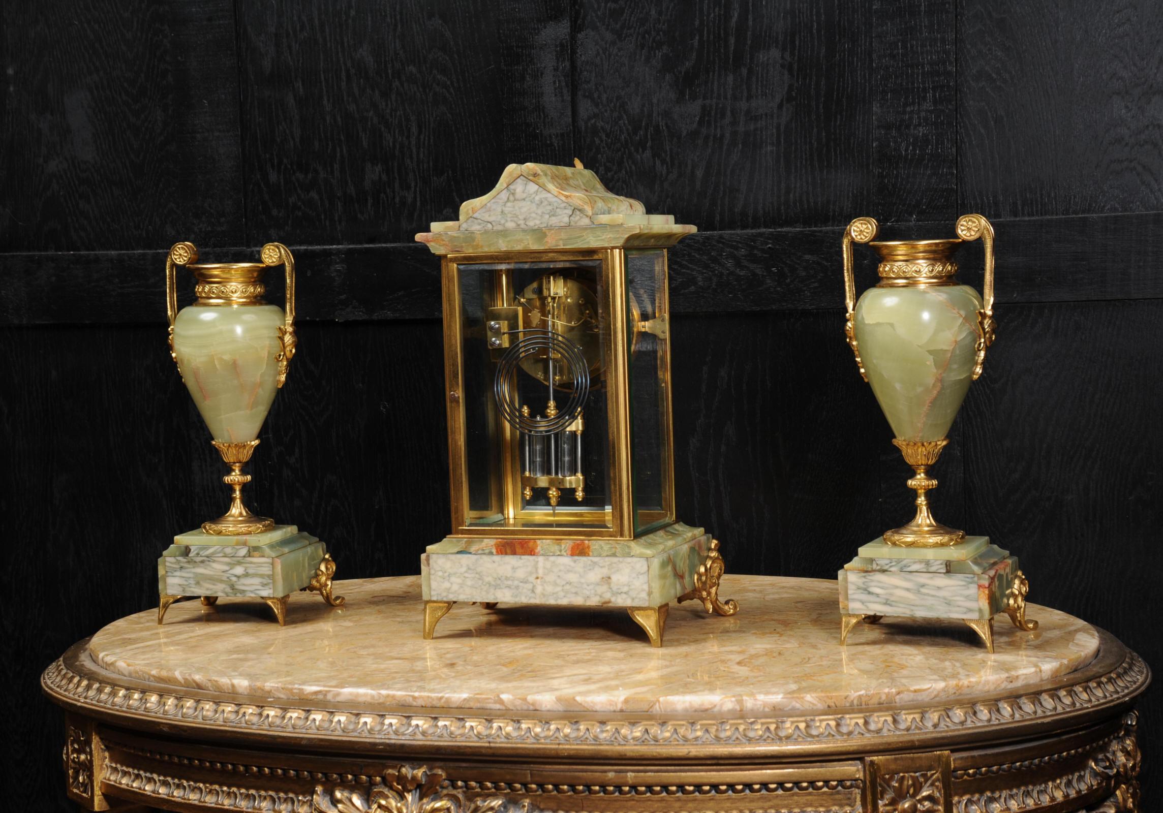 Antique French Four Glass Crystal Regulator Clock Set in Onyx and Ormolu 10