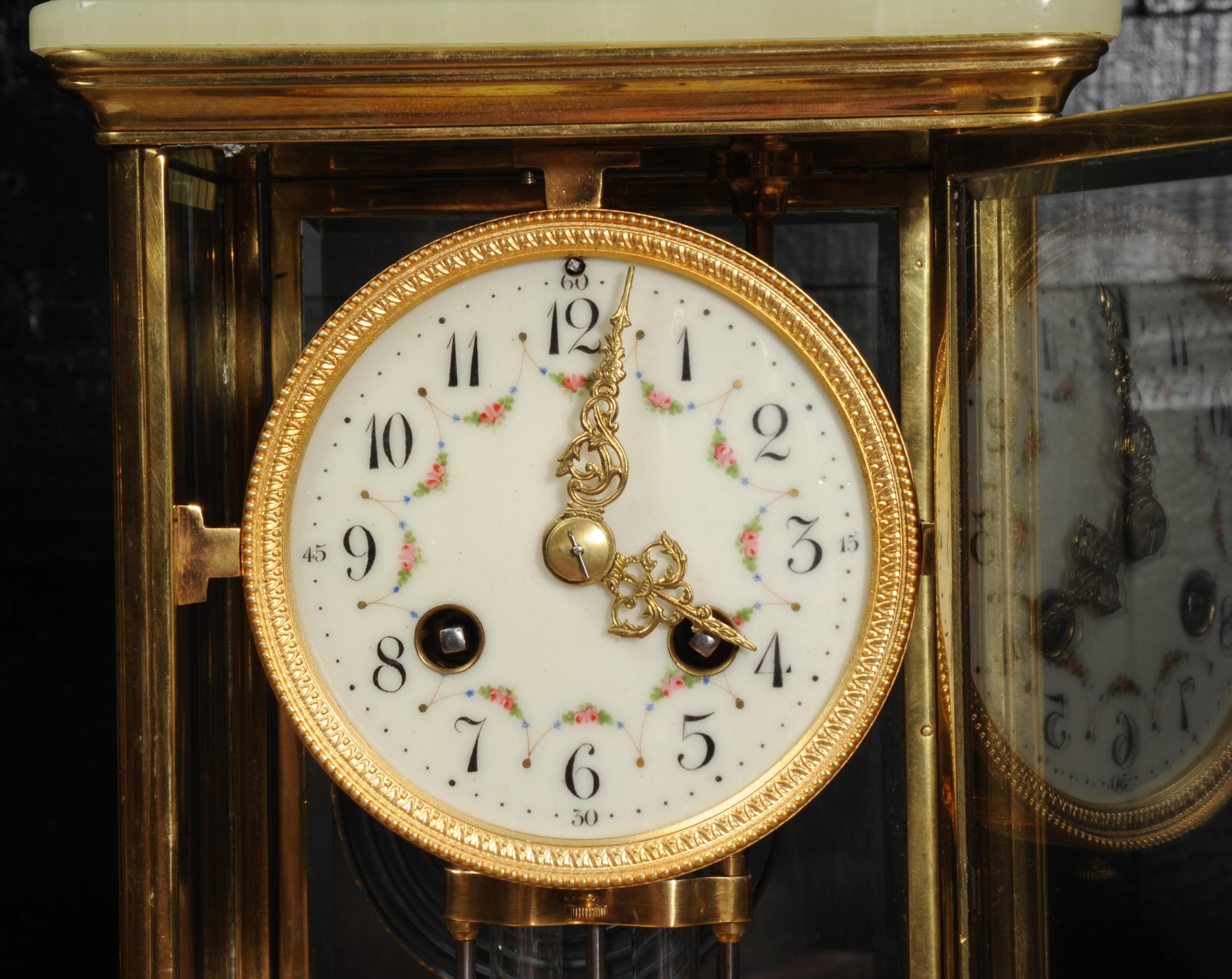 Antique French Four Glass Crystal Regulator Clock Set in Onyx and Ormolu 9