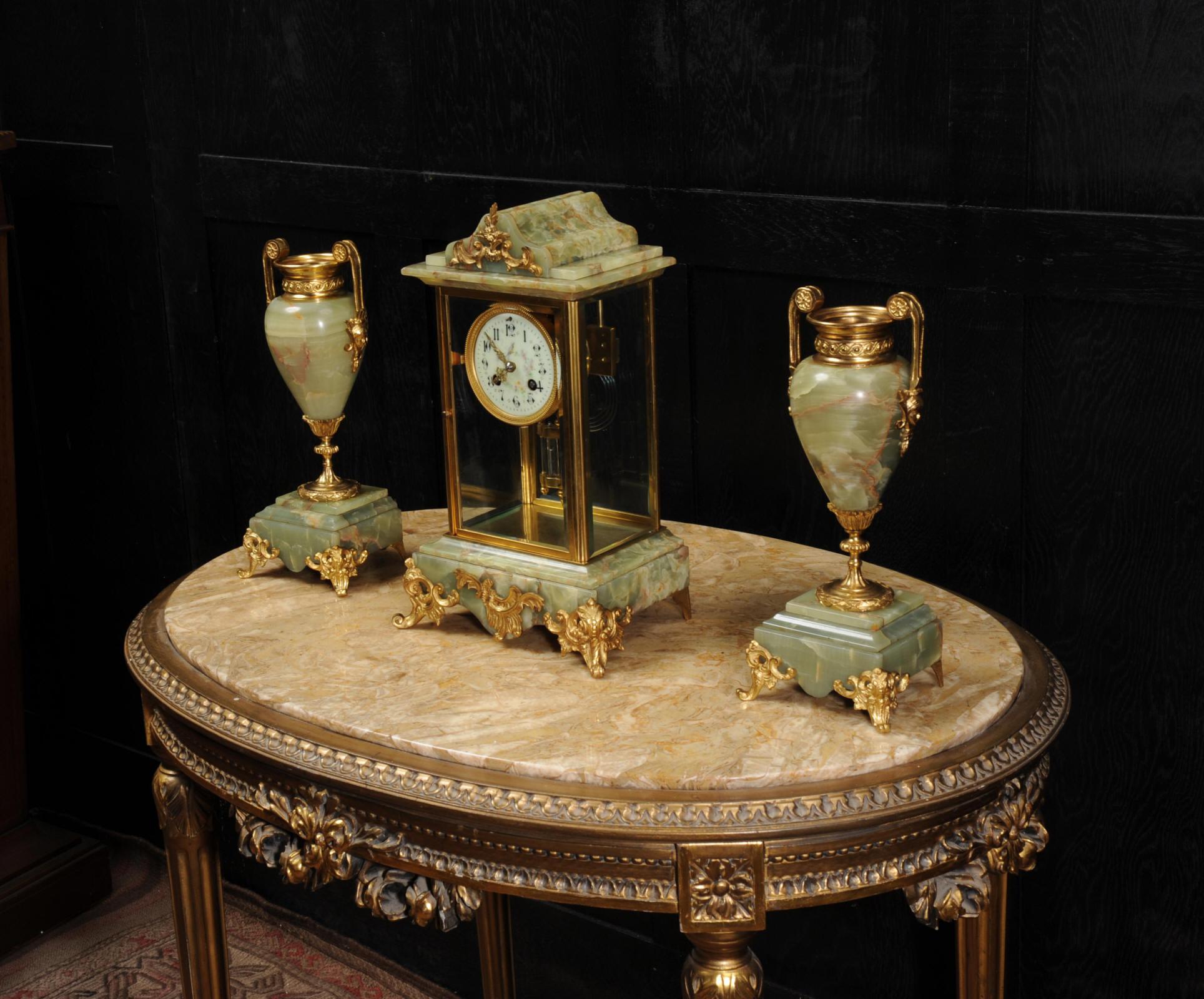 Neoclassical Antique French Four Glass Crystal Regulator Clock Set in Onyx and Ormolu