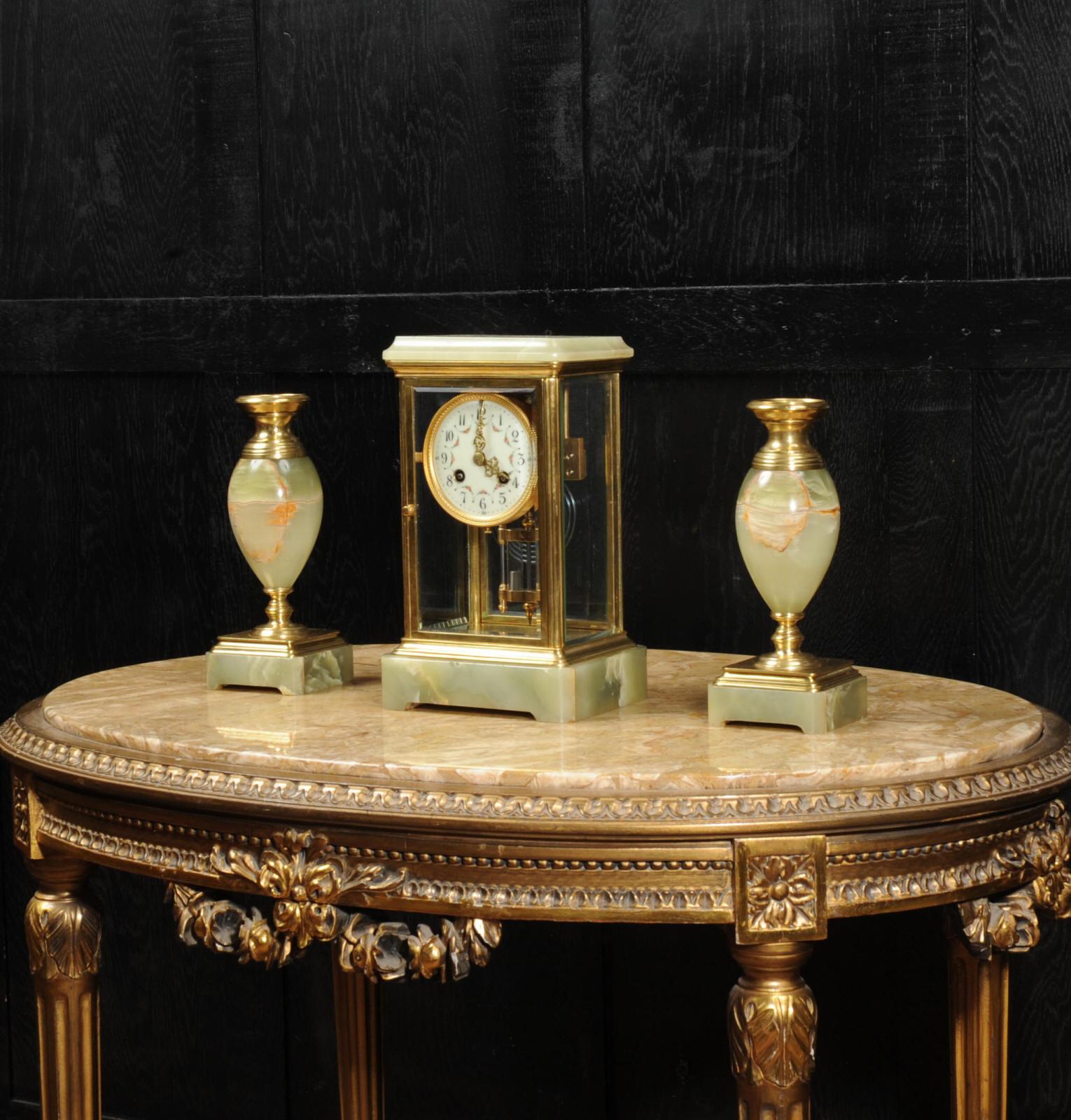 Gilt Antique French Four Glass Crystal Regulator Clock Set in Onyx and Ormolu