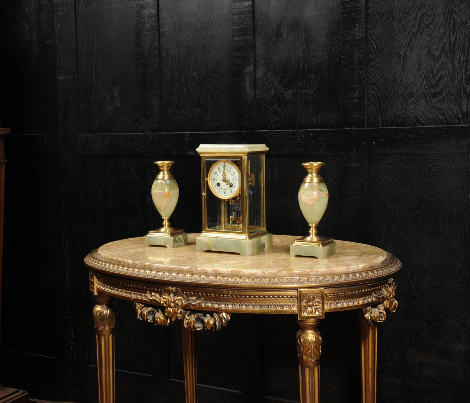 Antique French Four Glass Crystal Regulator Clock Set in Onyx and Ormolu In Good Condition In Belper, Derbyshire