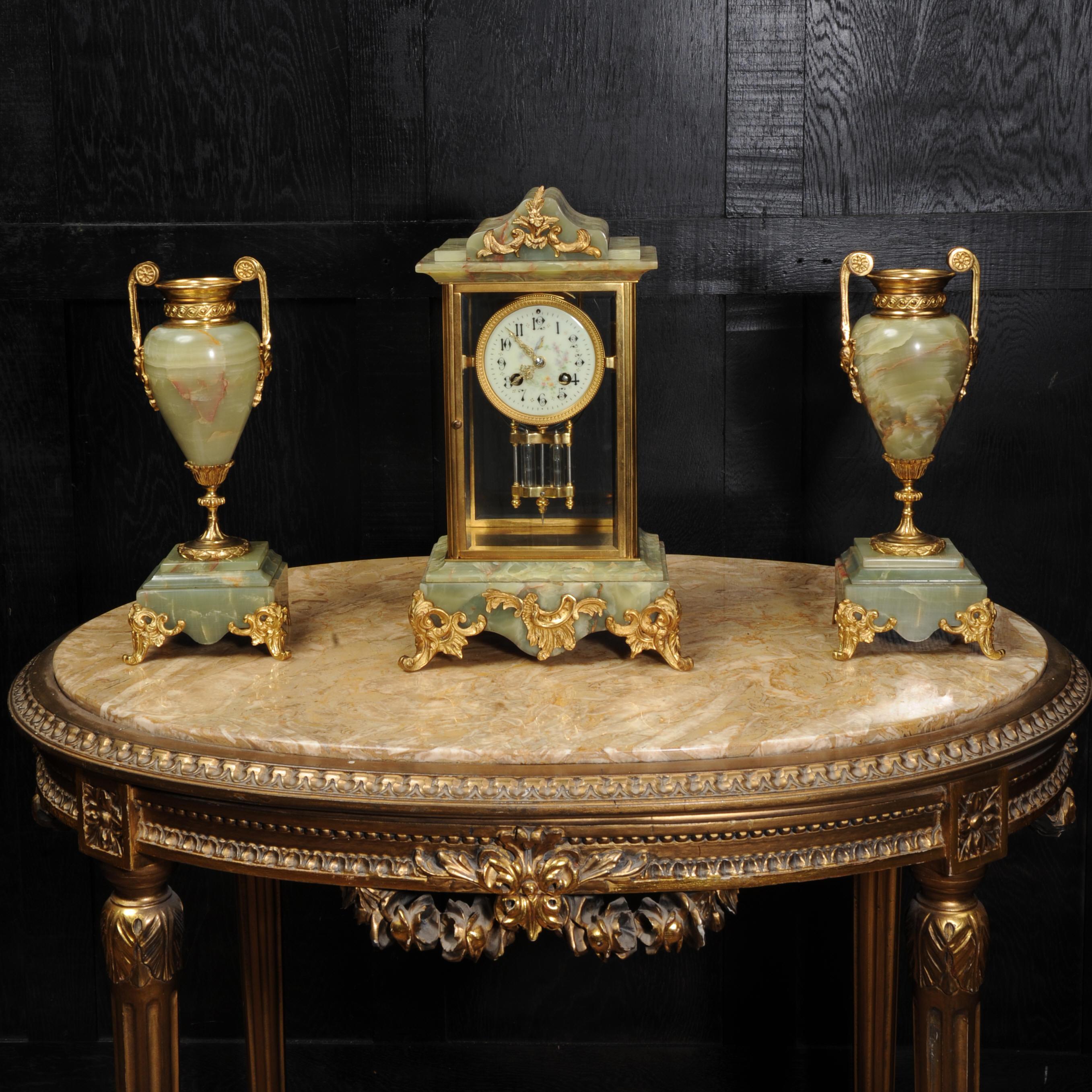 Antique French Four Glass Crystal Regulator Clock Set in Onyx and Ormolu 1