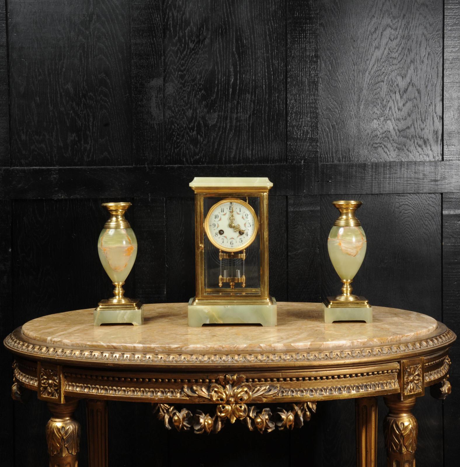 19th Century Antique French Four Glass Crystal Regulator Clock Set in Onyx and Ormolu