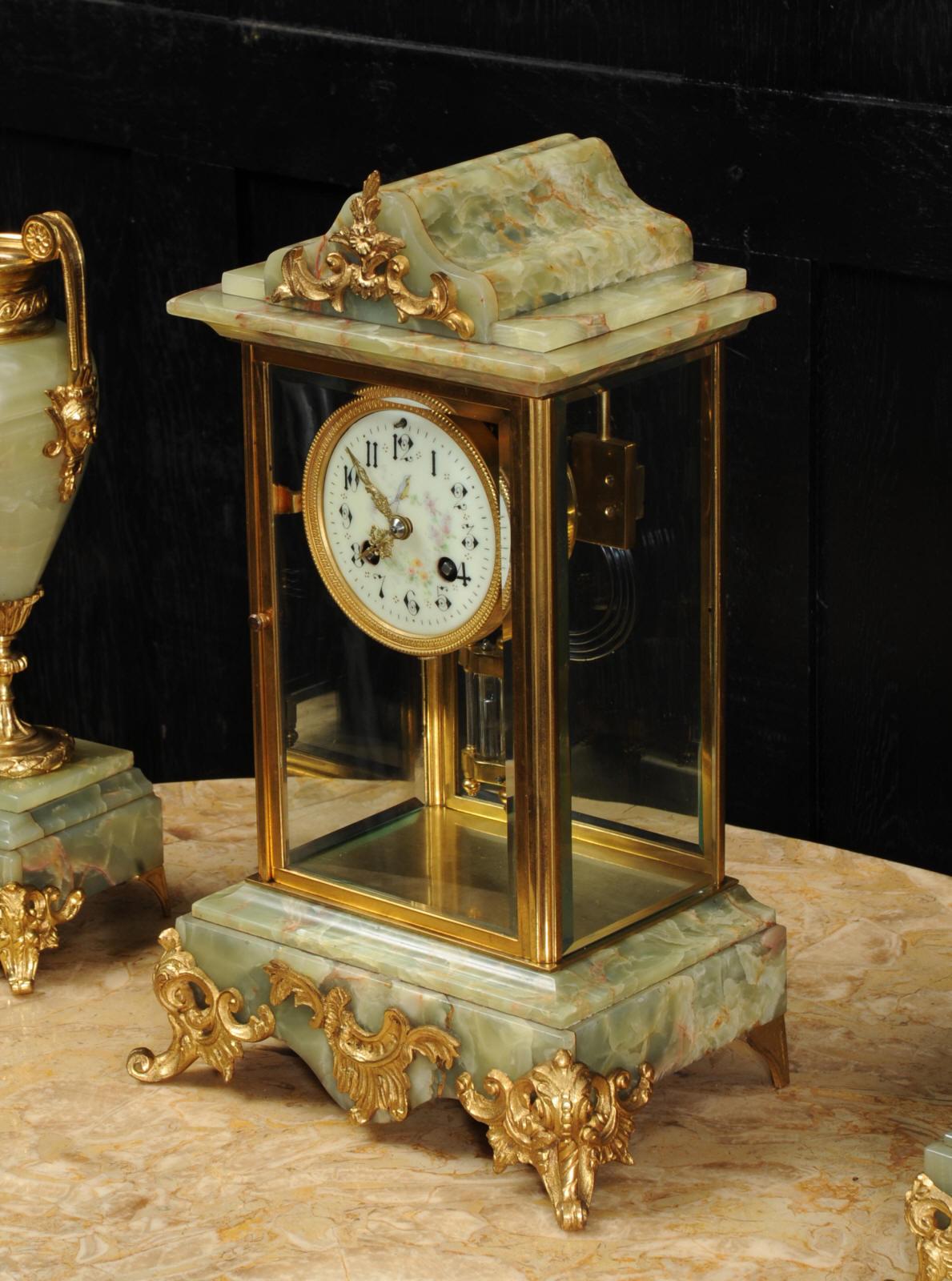Antique French Four Glass Crystal Regulator Clock Set in Onyx and Ormolu 1