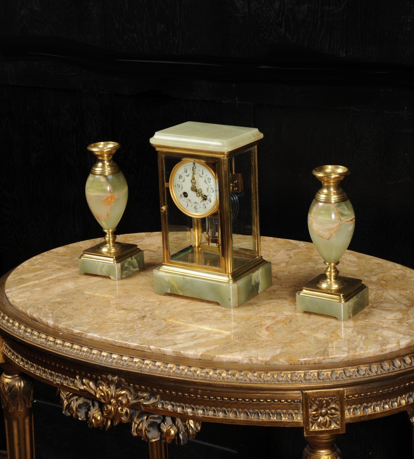 Bronze Antique French Four Glass Crystal Regulator Clock Set in Onyx and Ormolu