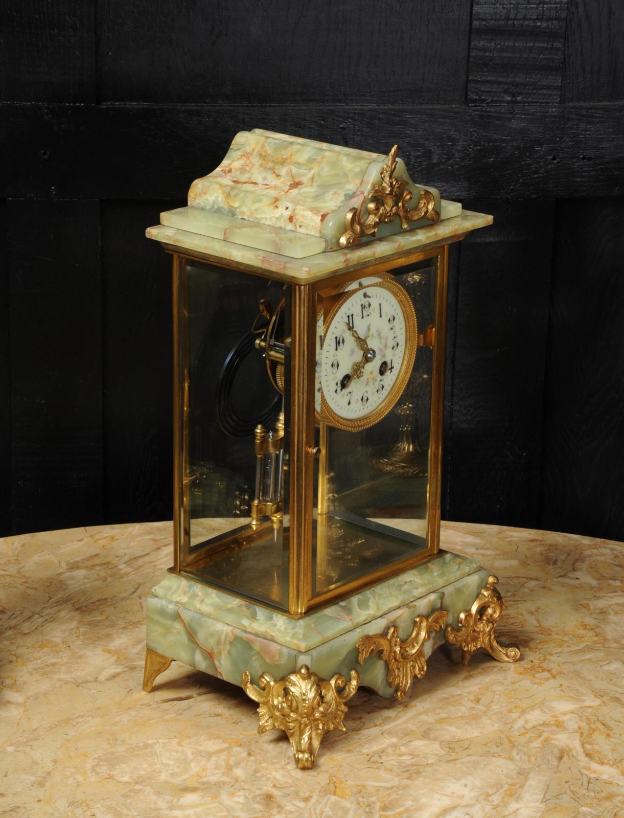 Antique French Four Glass Crystal Regulator Clock Set in Onyx and Ormolu 2
