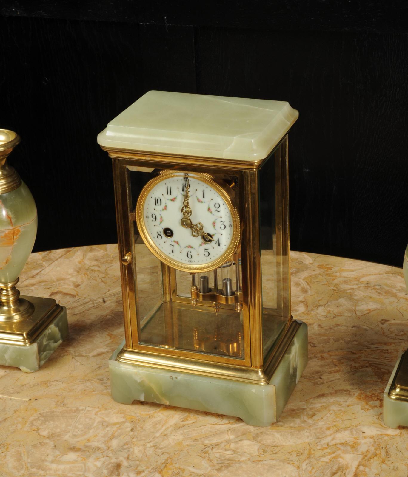 Antique French Four Glass Crystal Regulator Clock Set in Onyx and Ormolu 1