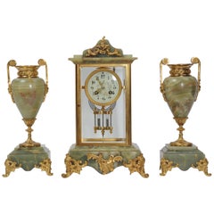 Antique French Four Glass Crystal Regulator Clock Set in Onyx and Ormolu