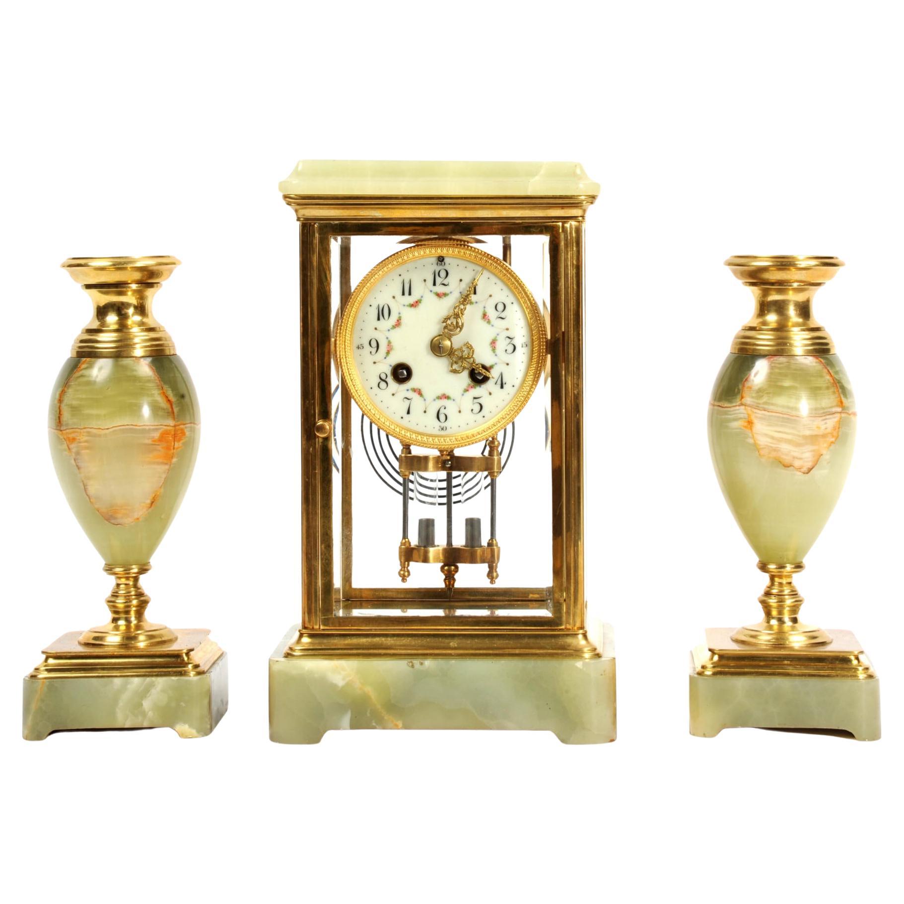 Antique French Four Glass Crystal Regulator Clock Set in Onyx and Ormolu