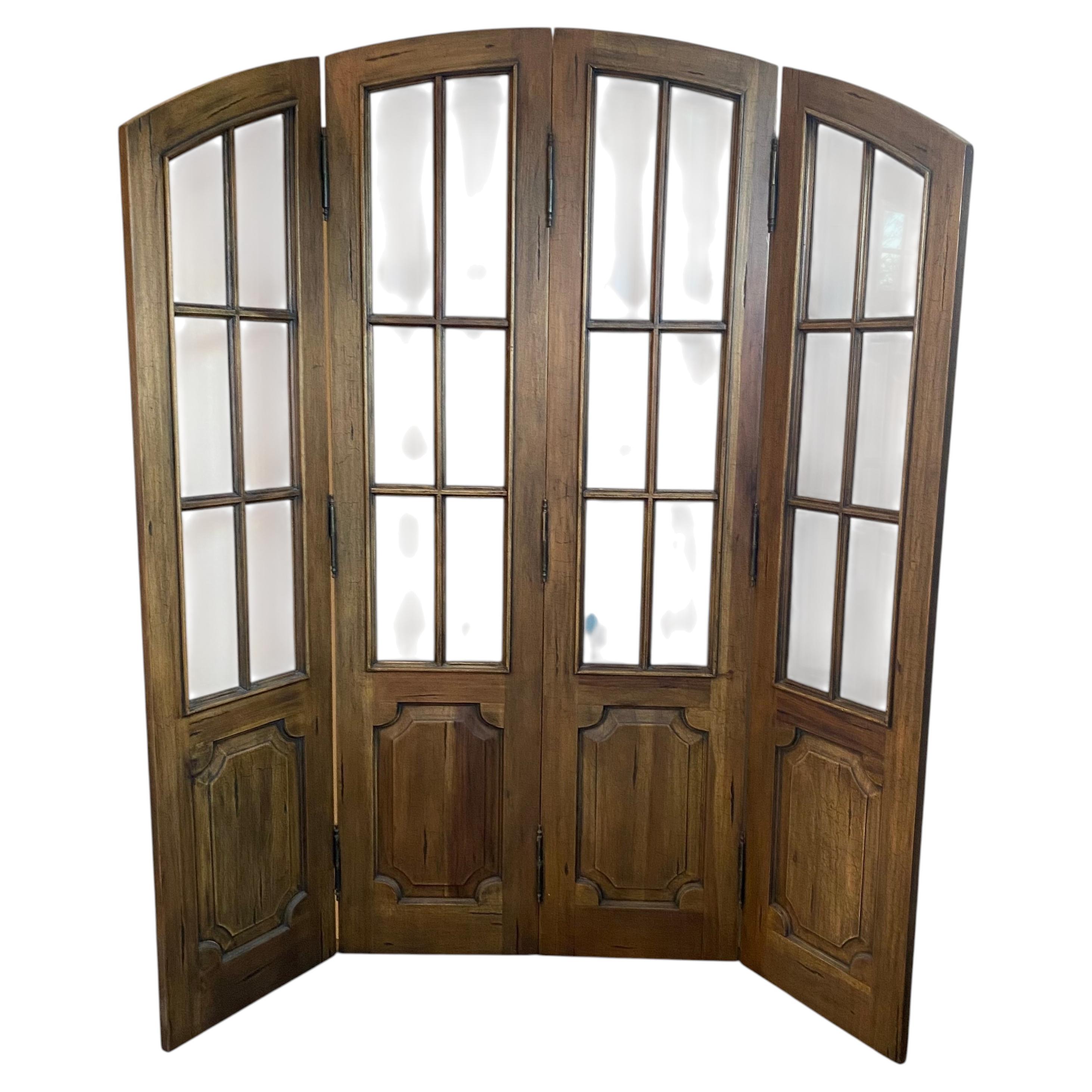 Antique French Four Panel Folding Screen Room Divider with Beveled Glass