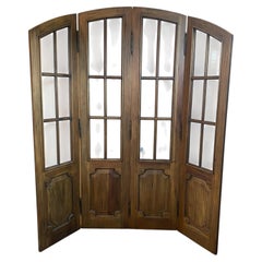 Antique French Four Panel Folding Screen Room Divider with Beveled Glass