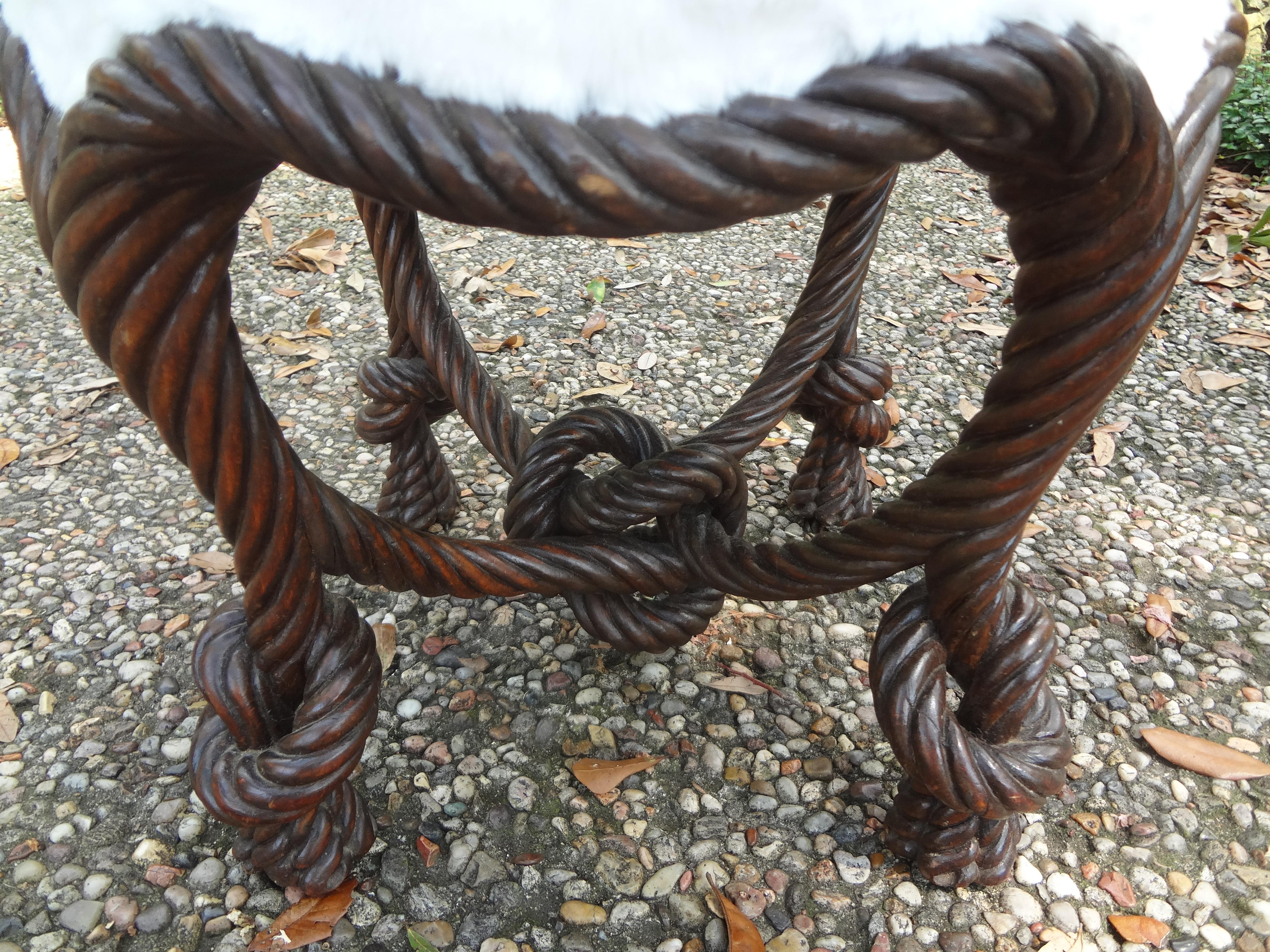 Carved Antique French Fournier Style Knotted Rope and Tassel Ottoman For Sale