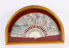 Antique French Framed Hand-Painted Silk Fan Gilded Box Frame Late 18th Century