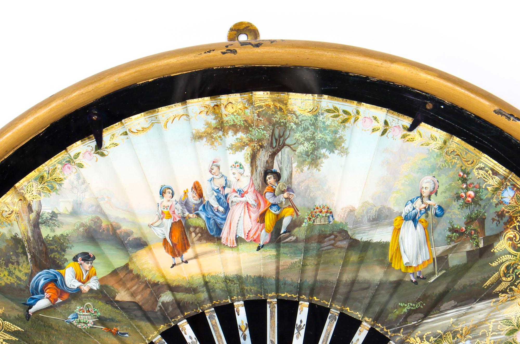 Gilt Antique French Framed Mother Pearl Hand Painted Fan, Late 18th Century