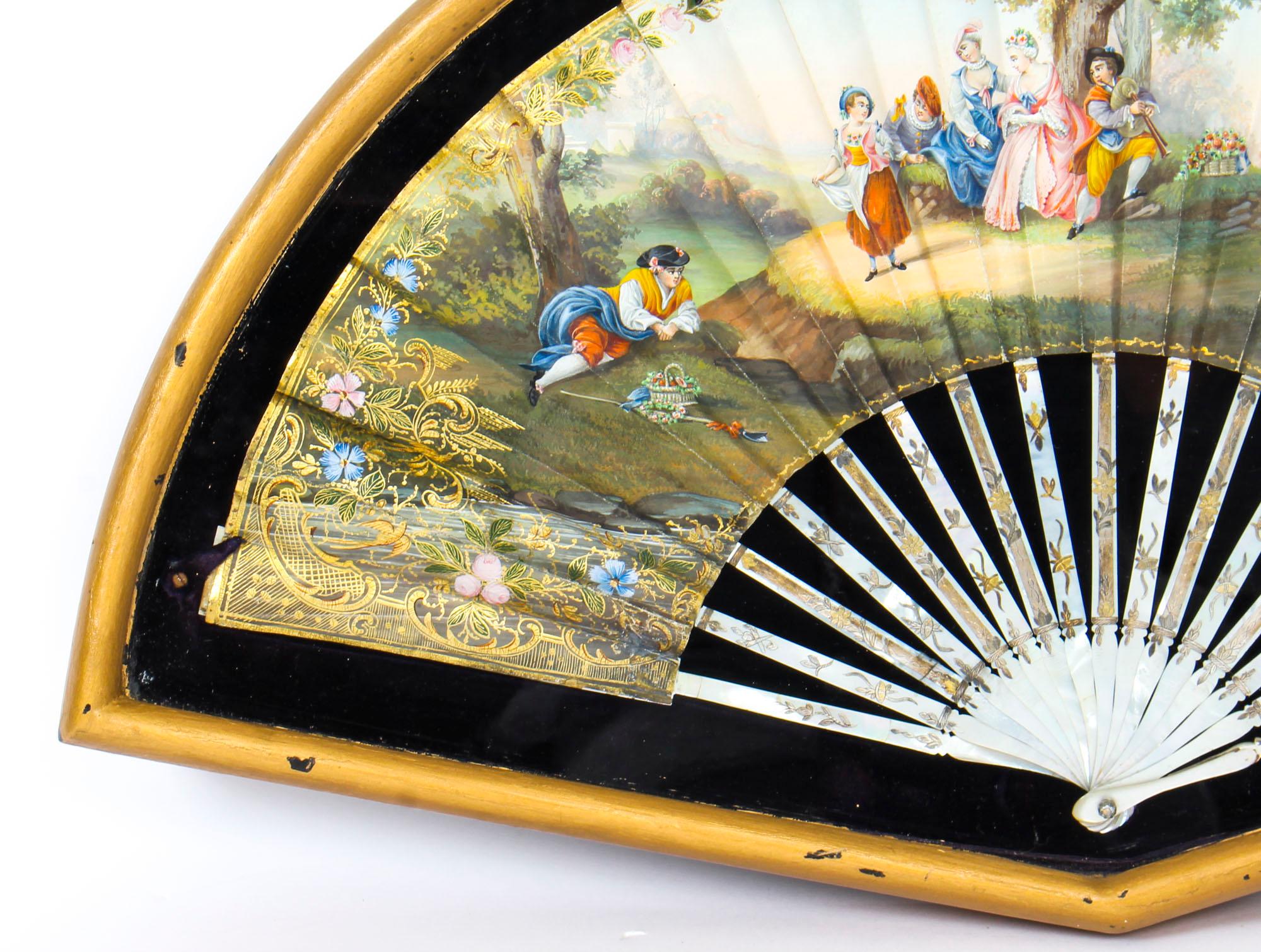 Antique French Framed Mother Pearl Hand Painted Fan, Late 18th Century In Good Condition In London, GB