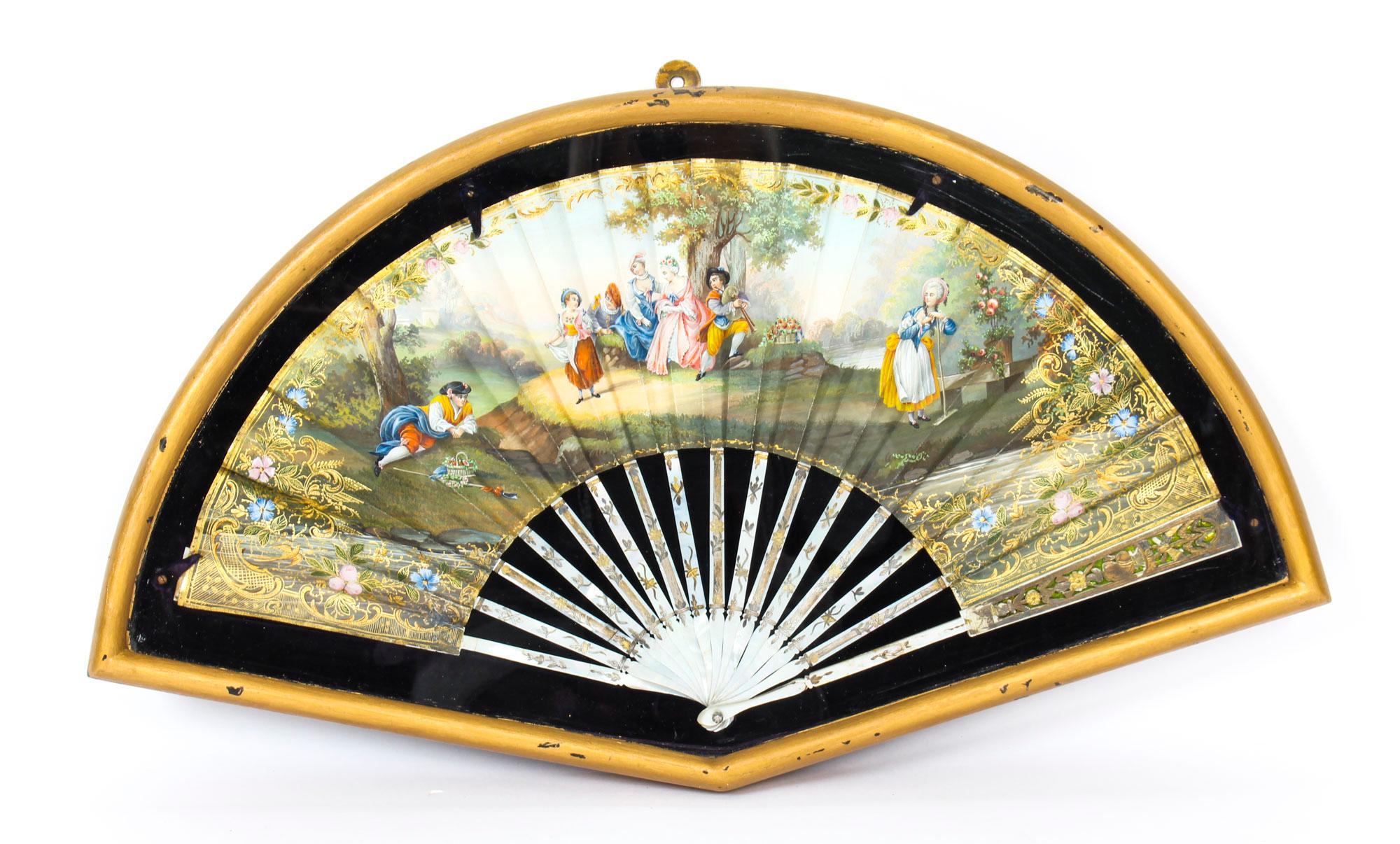 Antique French Framed Mother Pearl Hand Painted Fan, Late 18th Century 1