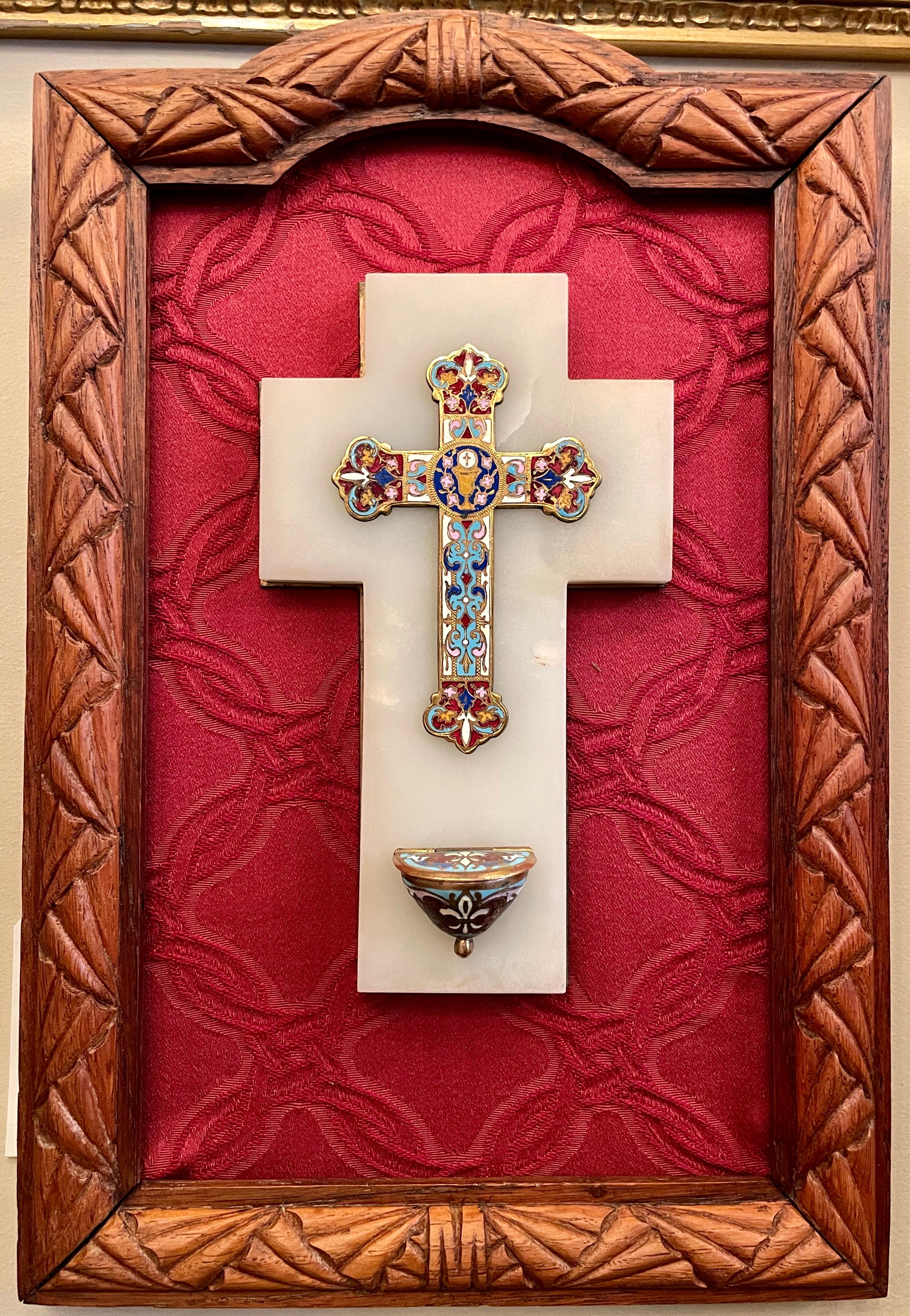 Antique French Framed Onyx marble and Enameled gold bronze Holy Water Font, Circa 1890.
