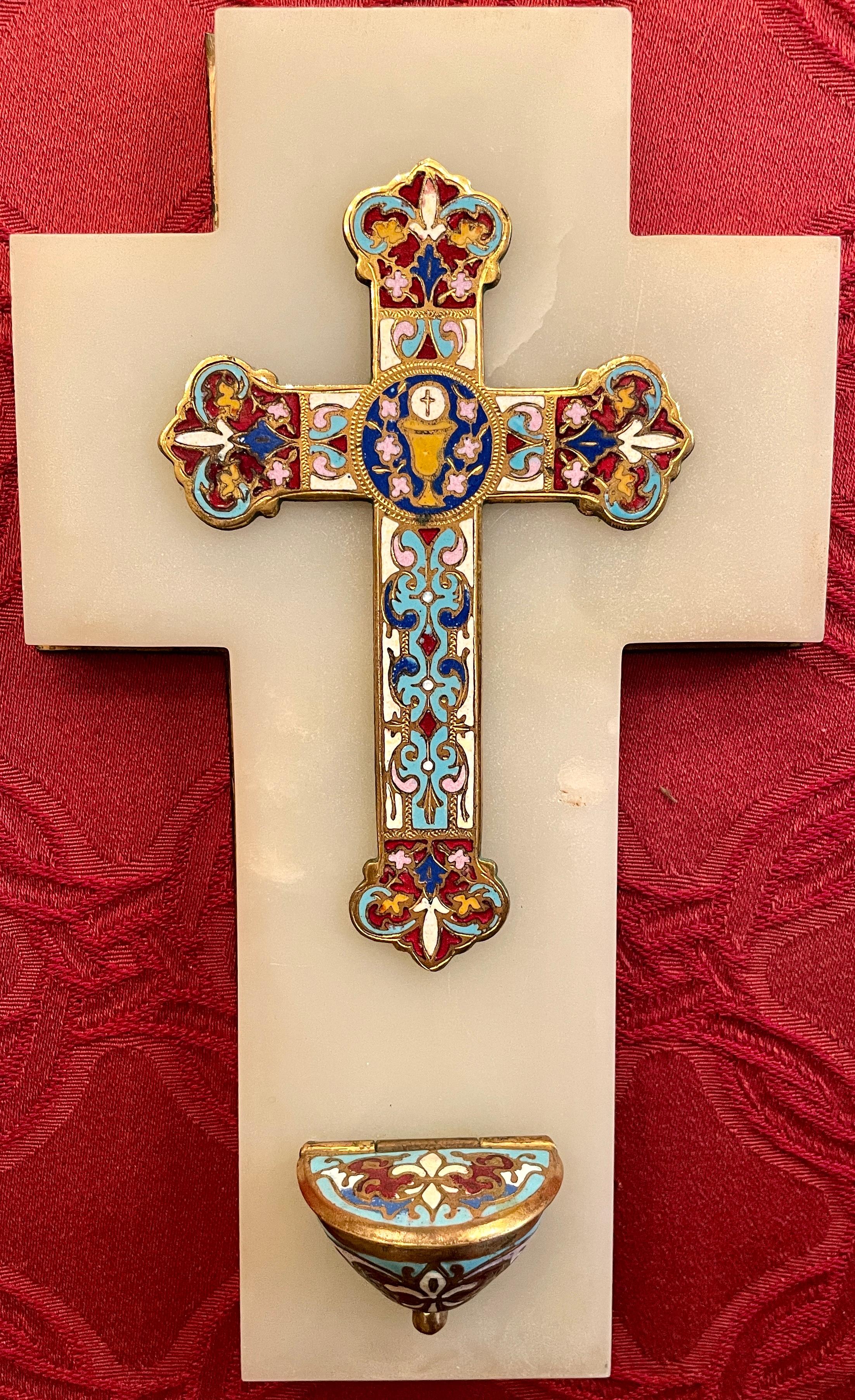 Antique French Framed Onyx Marble & Enameled Gold Bronze Holy Water Font Ca 1890 In Good Condition In New Orleans, LA