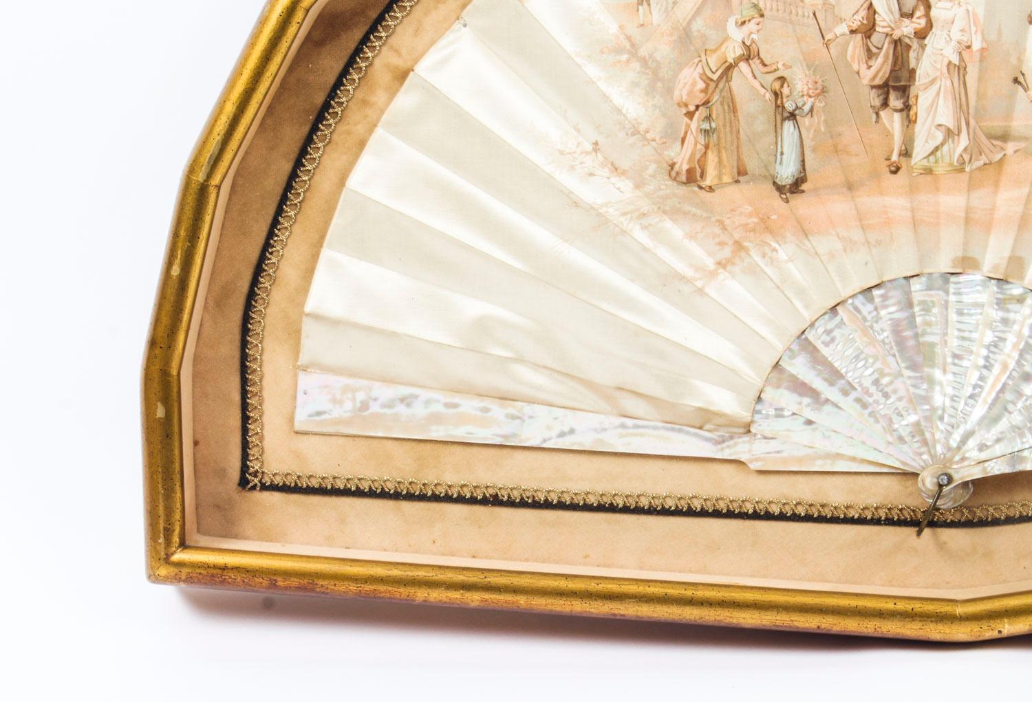 Gilt Antique French Framed Silk and Mother-of-Pearl Fan, 19th Century