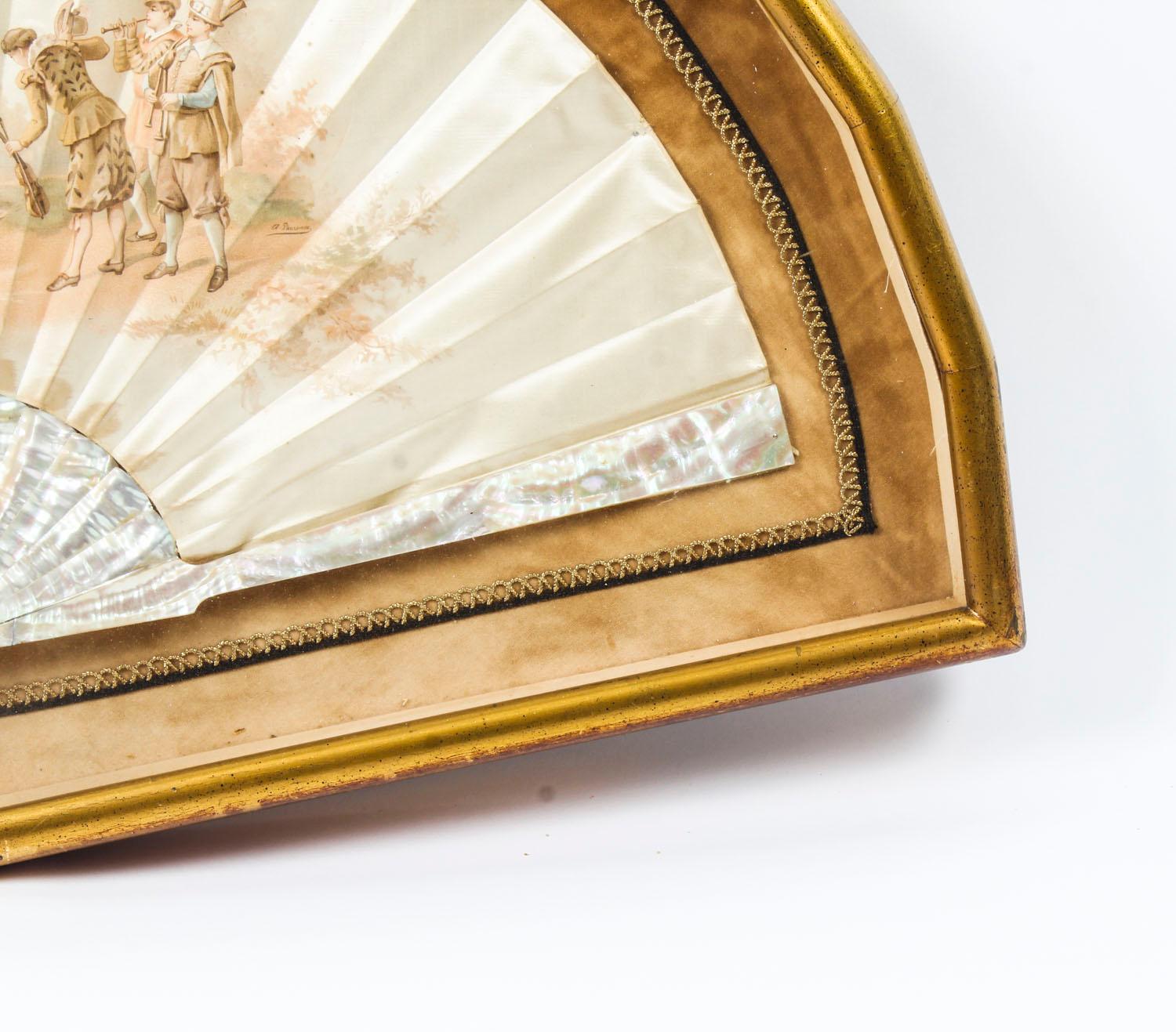 Late 19th Century Antique French Framed Silk and Mother-of-Pearl Fan, 19th Century
