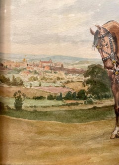 Antique French Framed Watercolor Painting, Napoleon's Cavalry Arrive at Waterloo