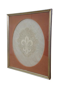 Antique French Framed White Linen & Lace Fleur de Lis Embroidered Textile 17"