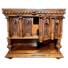 Antique French Francois Premier Marble-Top Walnut Cabinet, "Renaissance" Carving