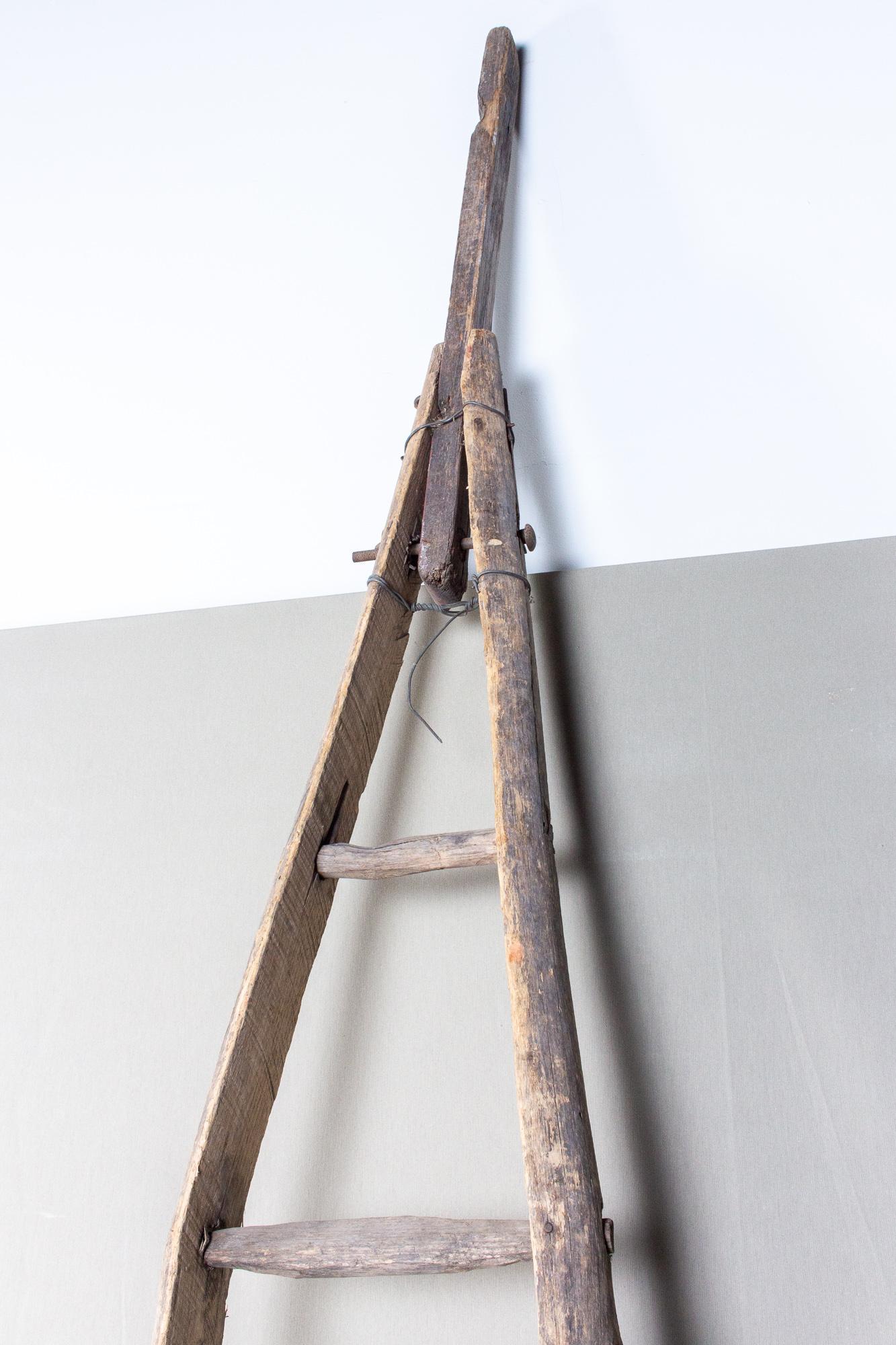 This antique French ladder was used to reach up into fruit trees, such as apples, during harvest time. It is an A-frame ladder that can be used as a rack for additional storage (such as in a bathroom for towels) or as a decorative accent. 

This
