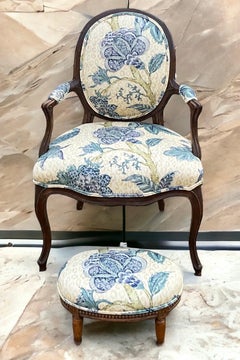 Antiker französischer Berger-Stuhl und Ottomane aus Obstholz mit Blumenmuster und Leopardenmotiv in Blau - S/2