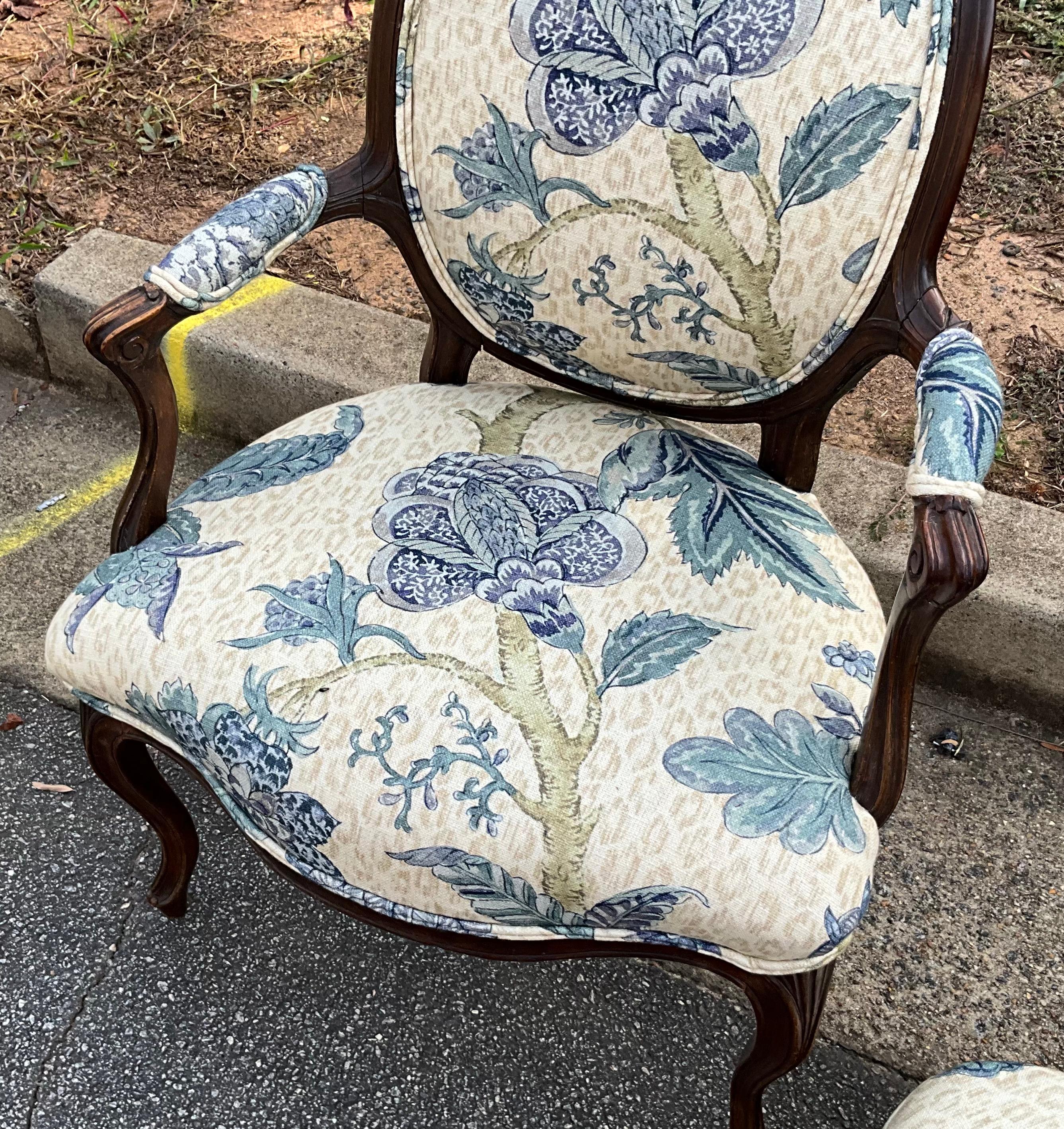 20th Century Antique French Fruitwood Berger Chair & Ottoman In Blue Floral & Leopard - S/2 For Sale