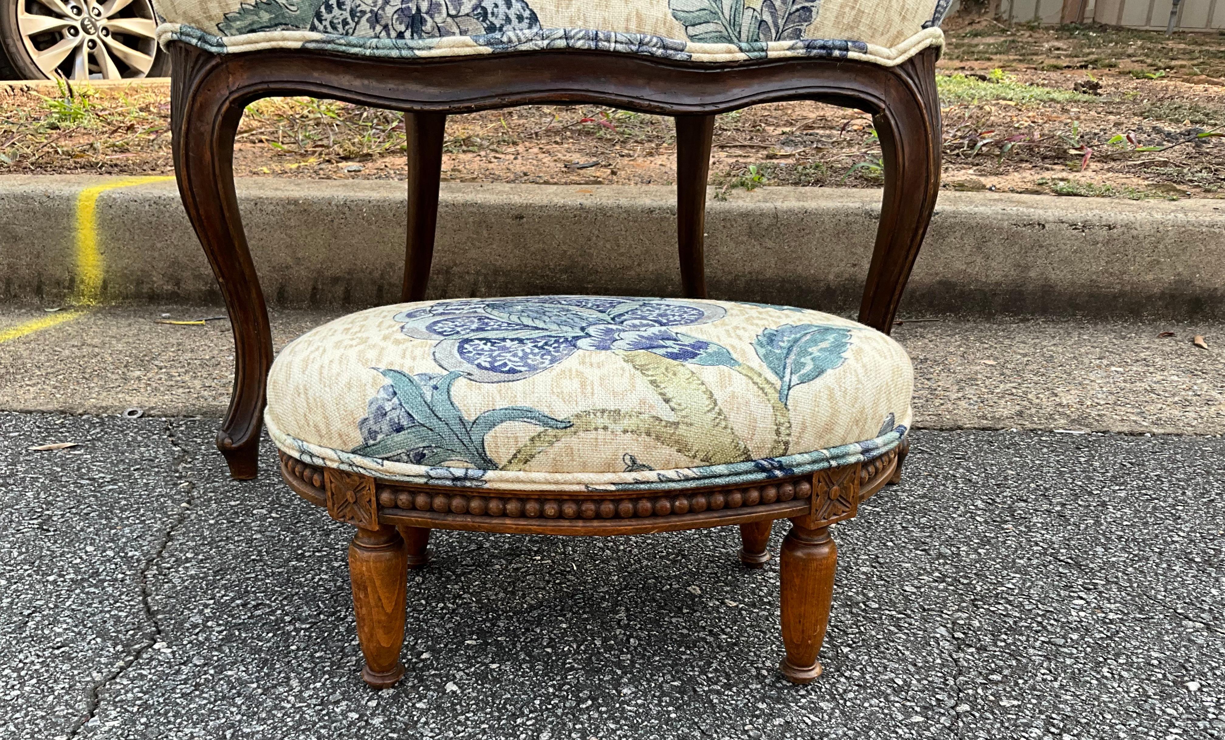 Upholstery Antique French Fruitwood Berger Chair & Ottoman In Blue Floral & Leopard - S/2 For Sale