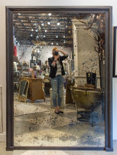 Antique French Full-Length Mirror in Hand Painted Black Frame