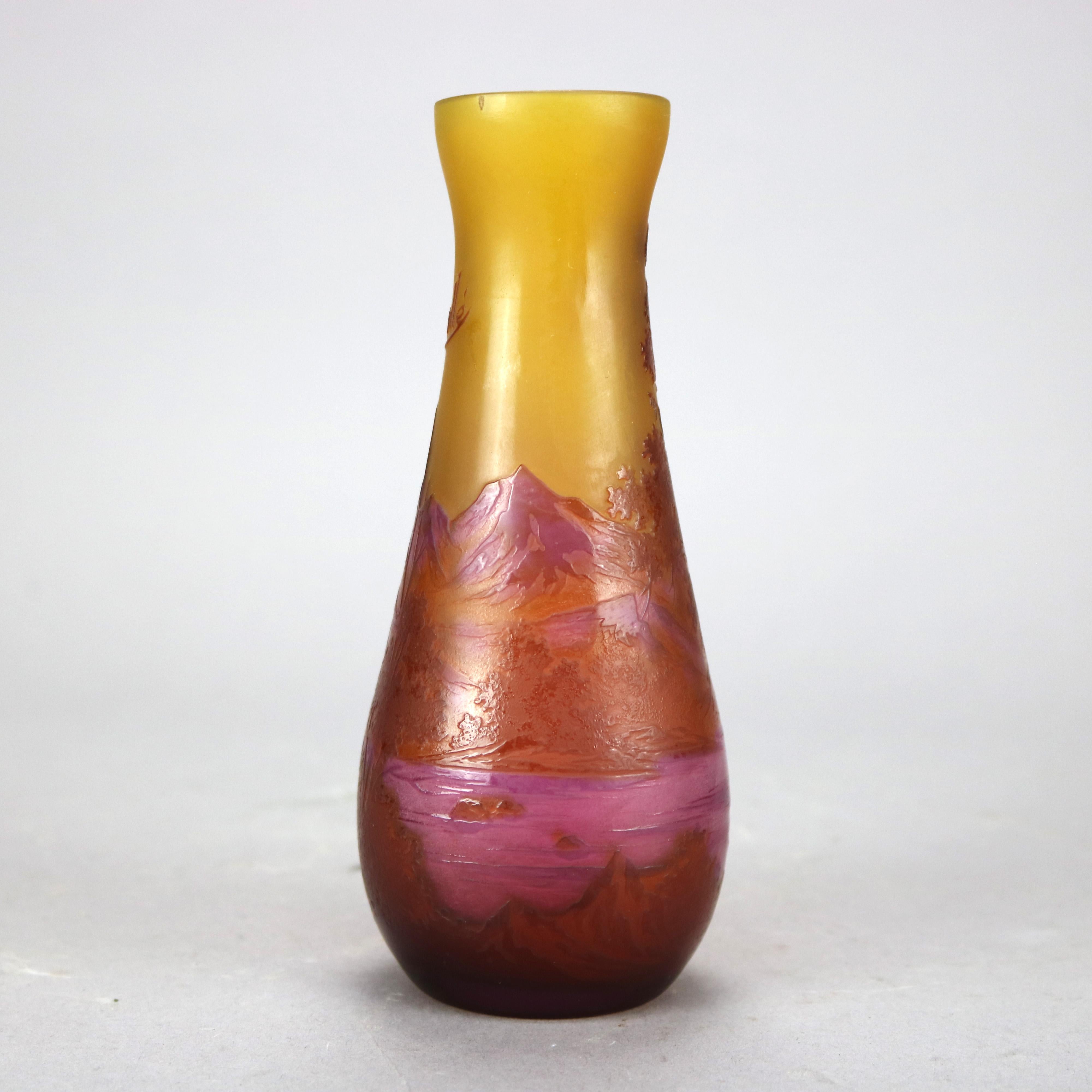 20th Century Antique French Galle Cut-Back Art Glass Vase, Mountainous Landscape, C1900’s