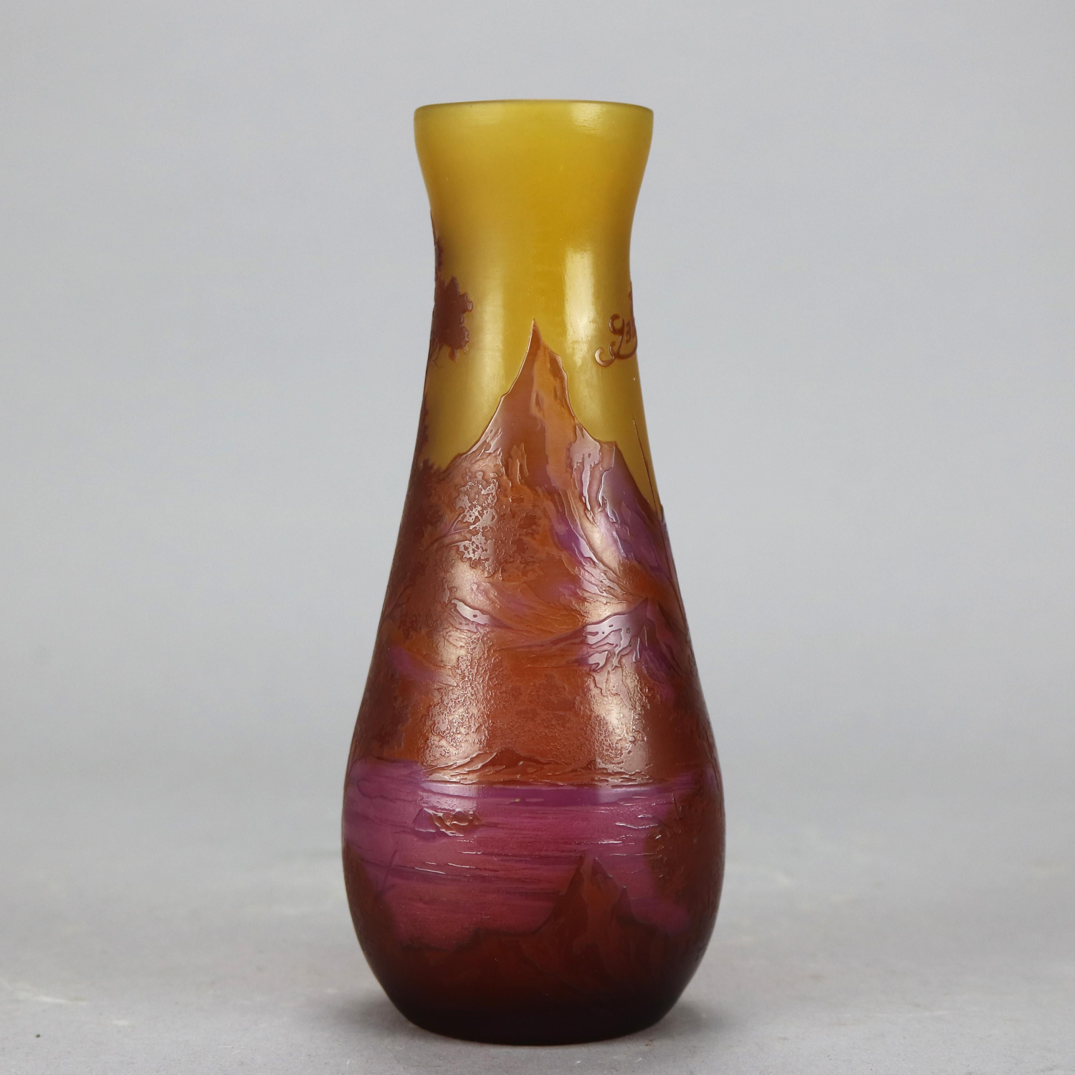 Antique French Galle Cut-Back Art Glass Vase, Mountainous Landscape, C1900’s 2