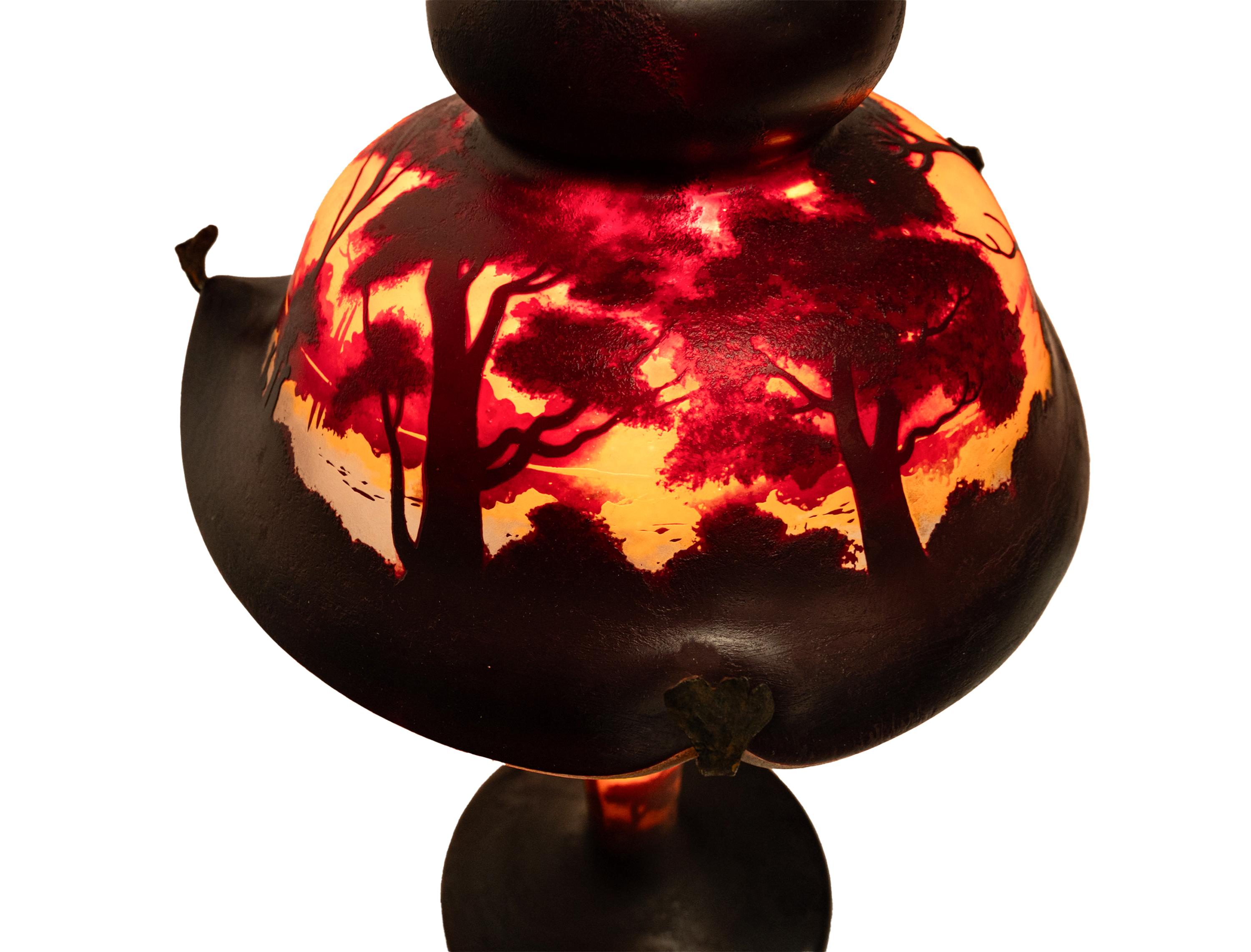 Antique French Galle Style Muller Freres Cameo Art Glass Landscape Table Lamp For Sale 5