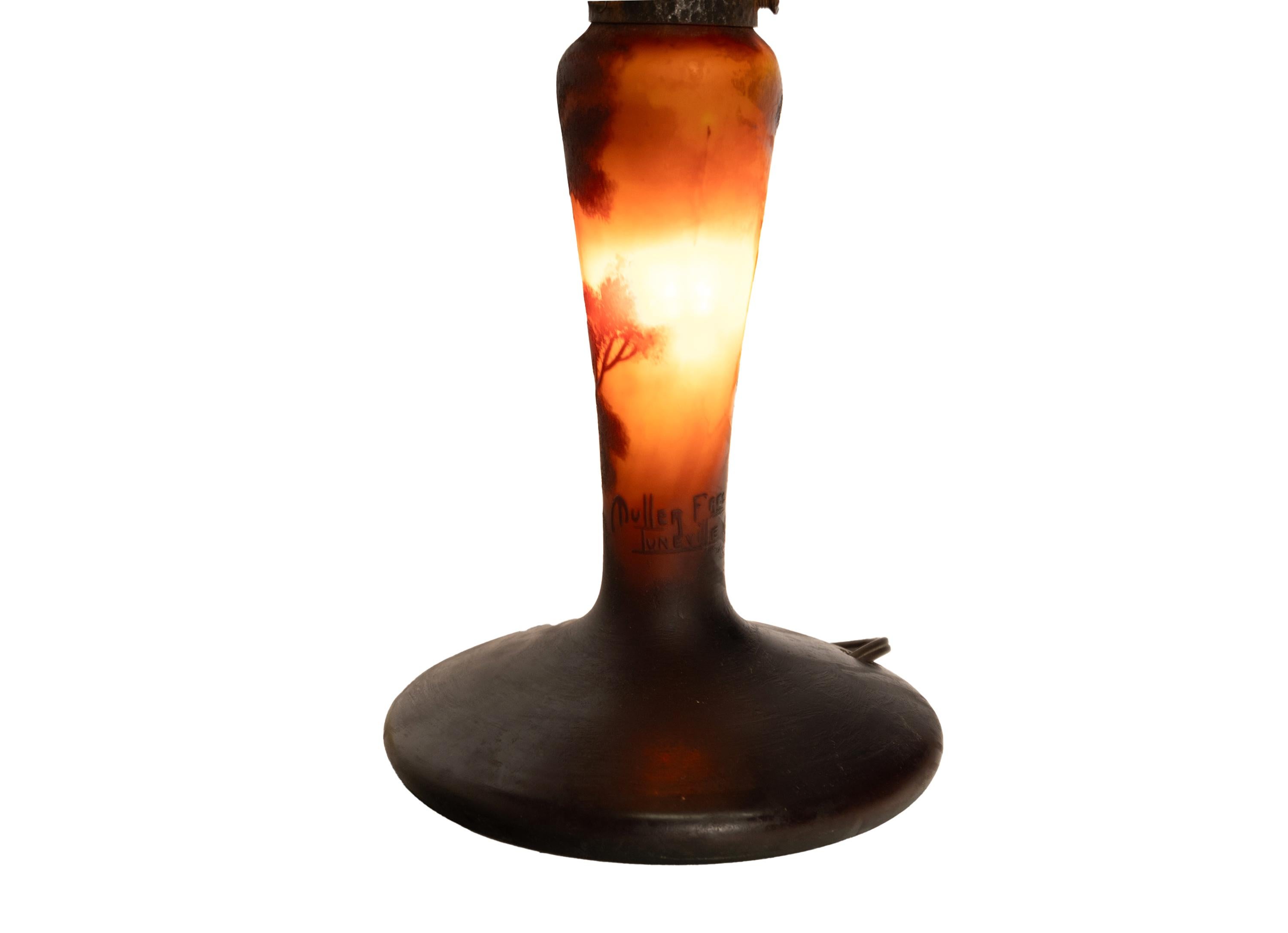 Antique French Galle Style Muller Freres Cameo Art Glass Landscape Table Lamp For Sale 9