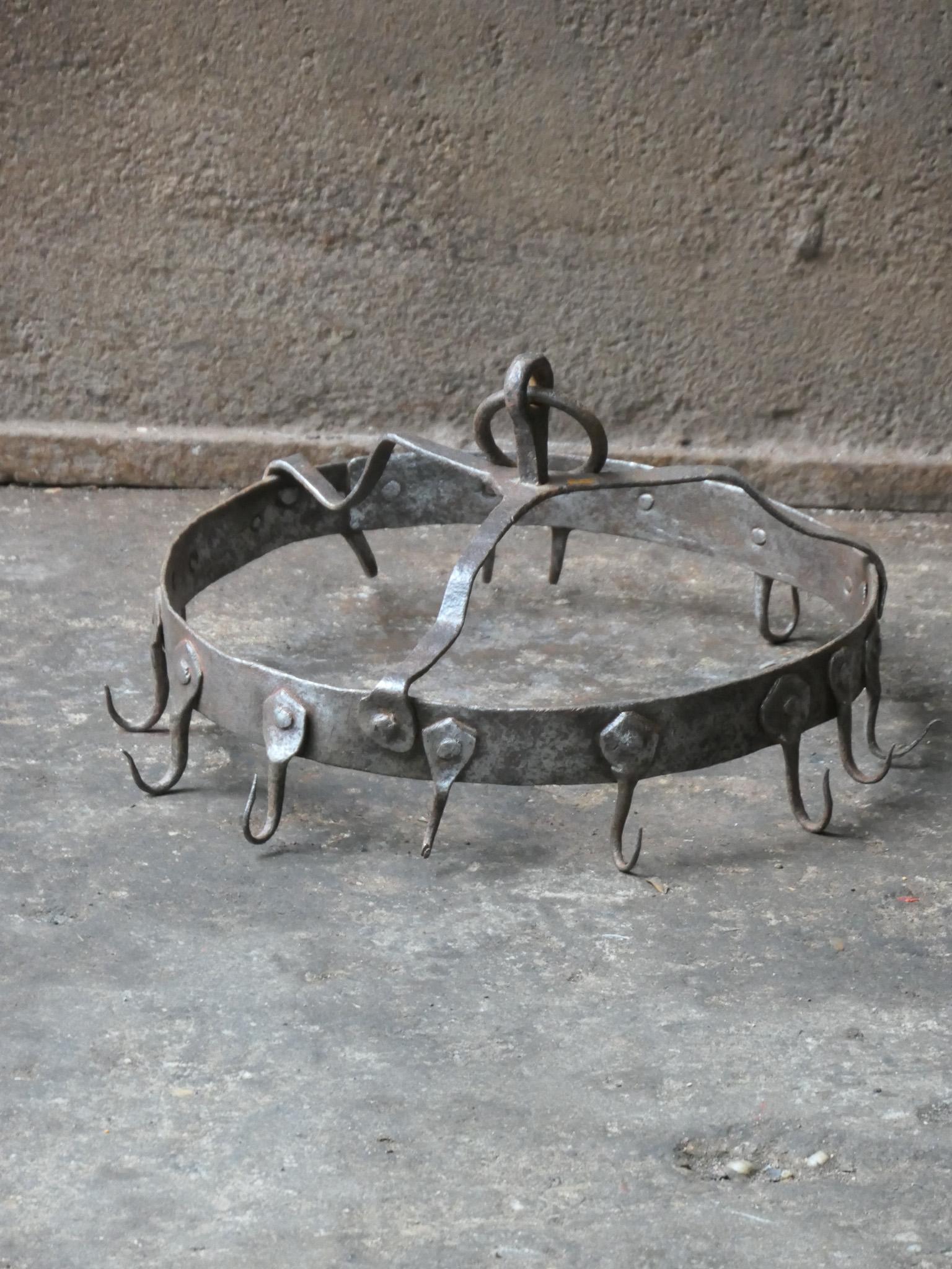 17th - 18th century French Louis XIV period game rack used for hanging game and birds. Can nowadays also be used for hanging various other items such as pots and pans. The crown is hand forged of wrought iron and is in a good condition.