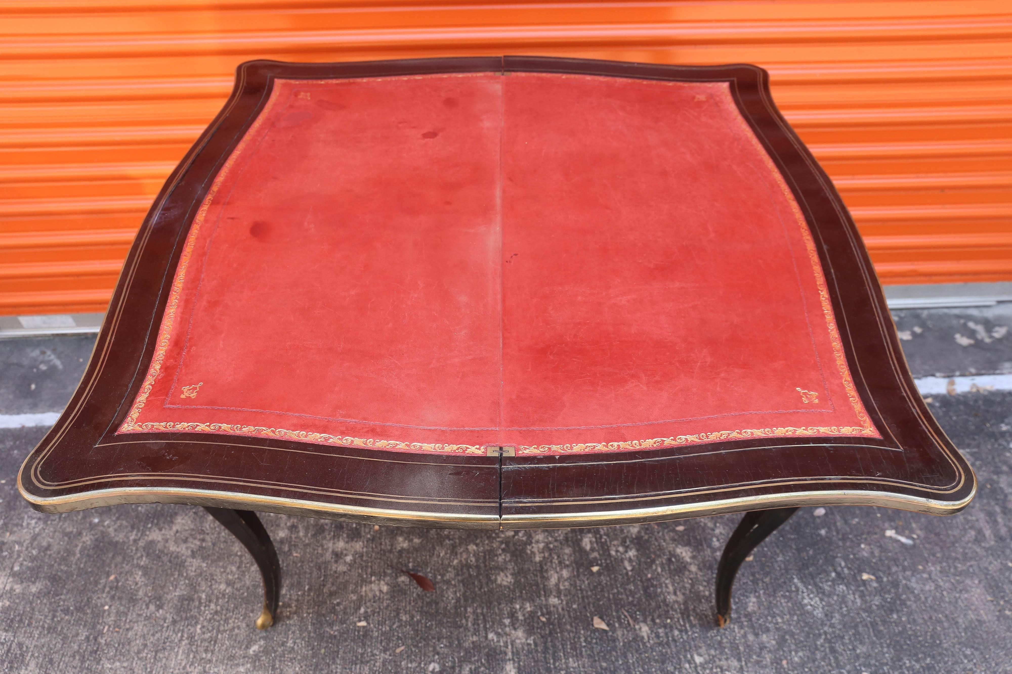 Hand-Painted Antique French Game Table with Interior Compartment, Leather Inset & Gilt Detail