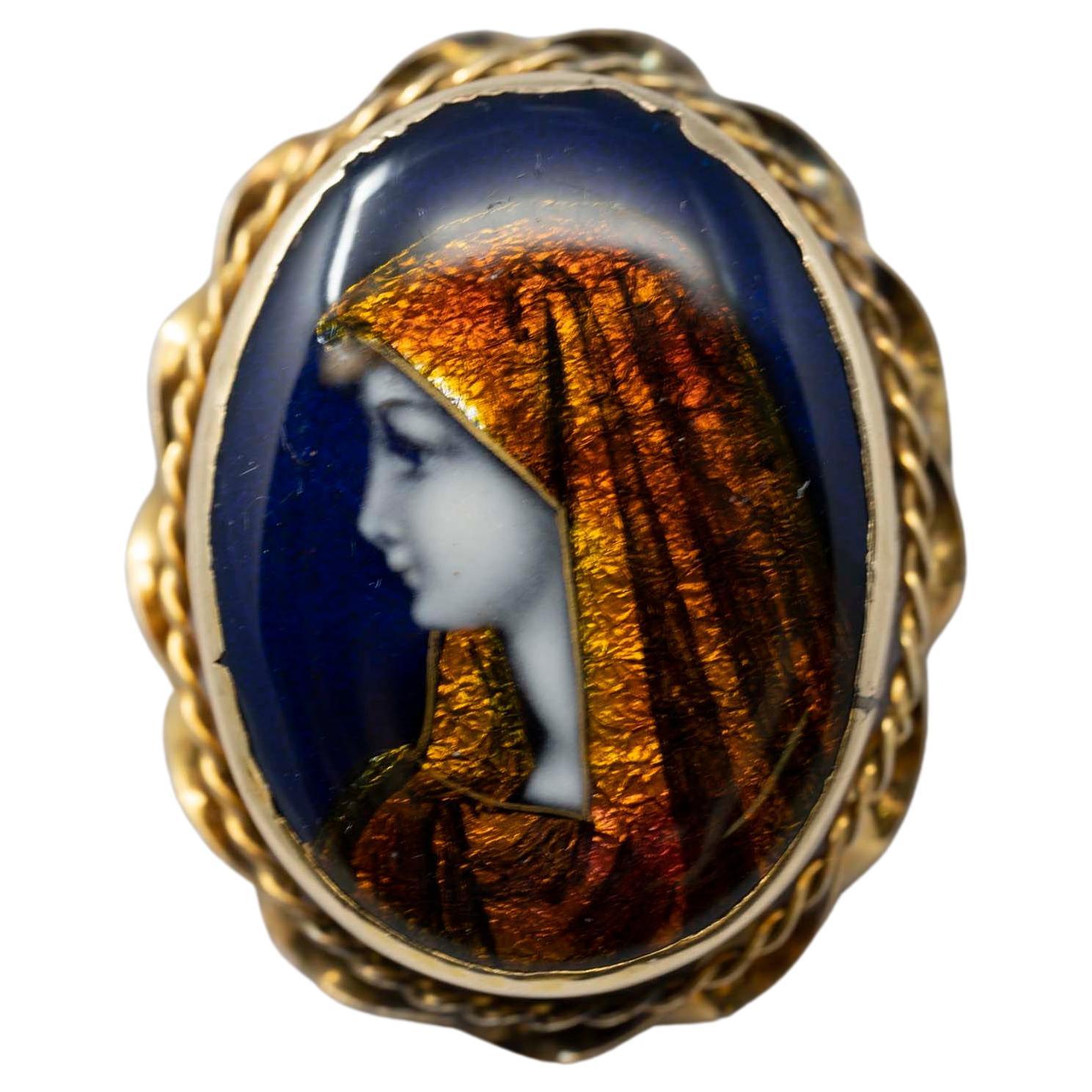 Antique French Gamet Enamel Brooch Fabiola Portrait on Gold Frame