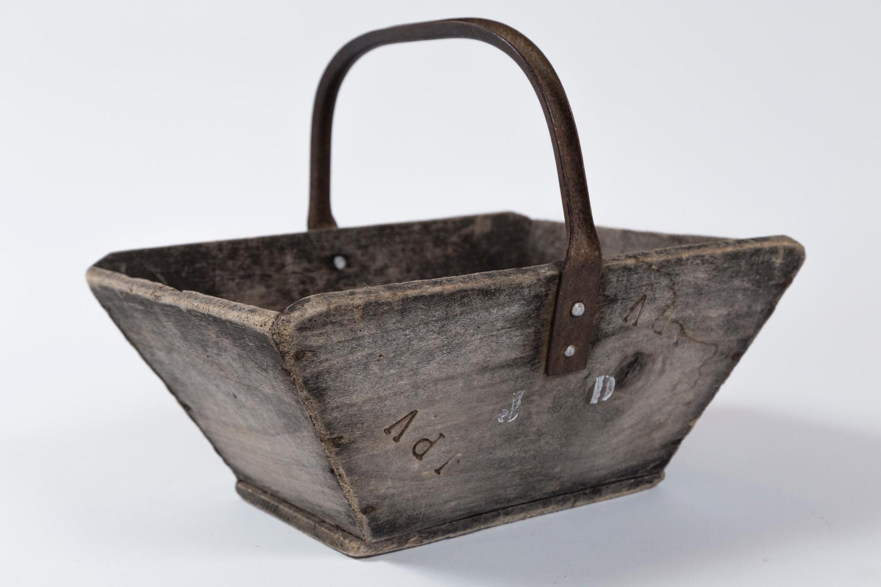 Antique French Garden Trug (Panier), early 20th Century. Hand-crafted wood gathering basket with iron handle. Stenciled initials 'JD'. Impressed initials 'JPV'.