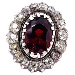 Antique French Garnet Diamond 18 Karat Gold Silver Cluster Ring