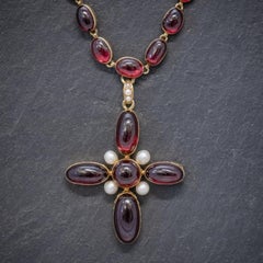 Antique French Garnet Pearl Cross Pendant Necklace 18 Carat Gold, circa 1850