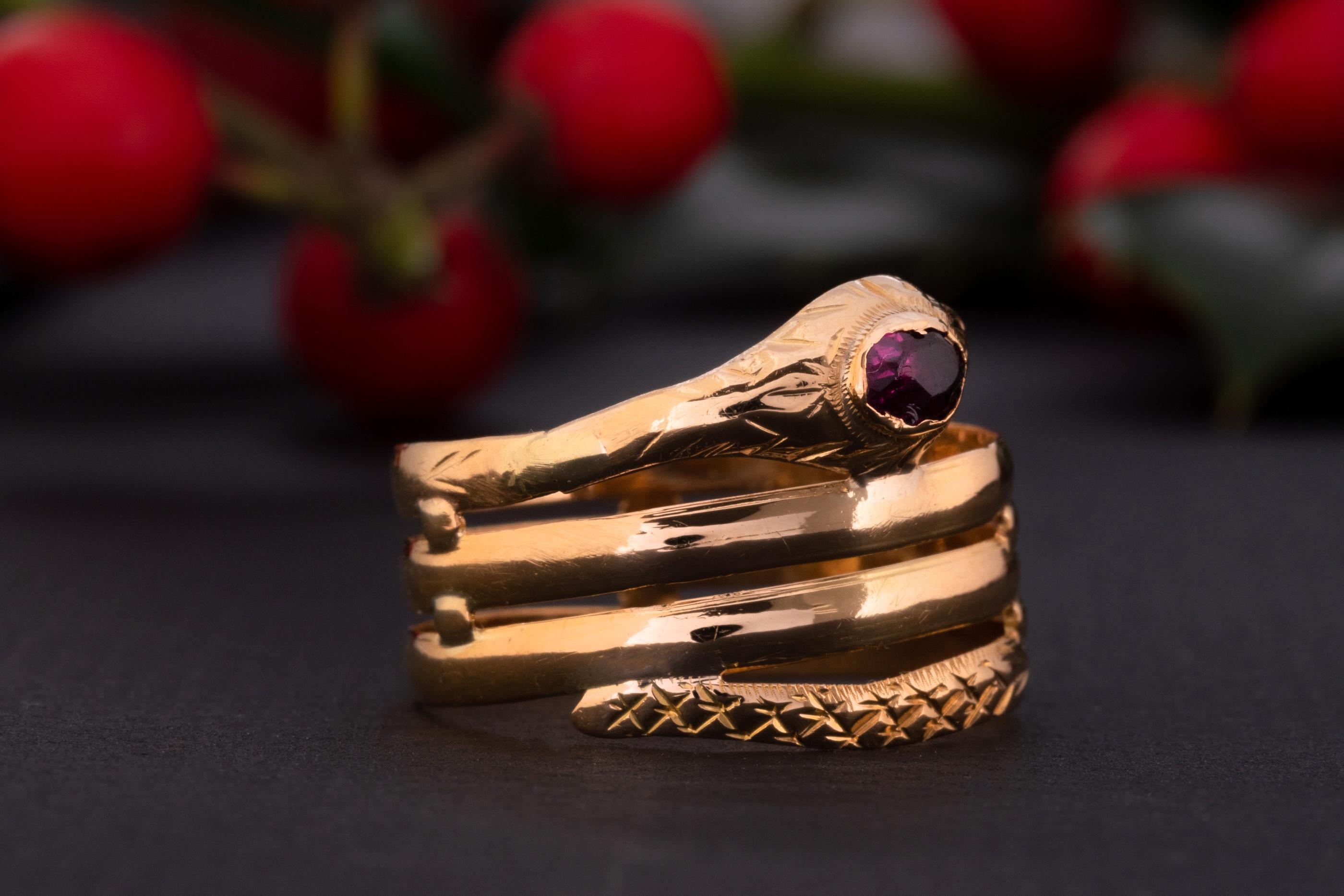 Edwardian Antique French Garnet Serpent Ring, Antique 1900s Garnet 18k Gold Snake Ring