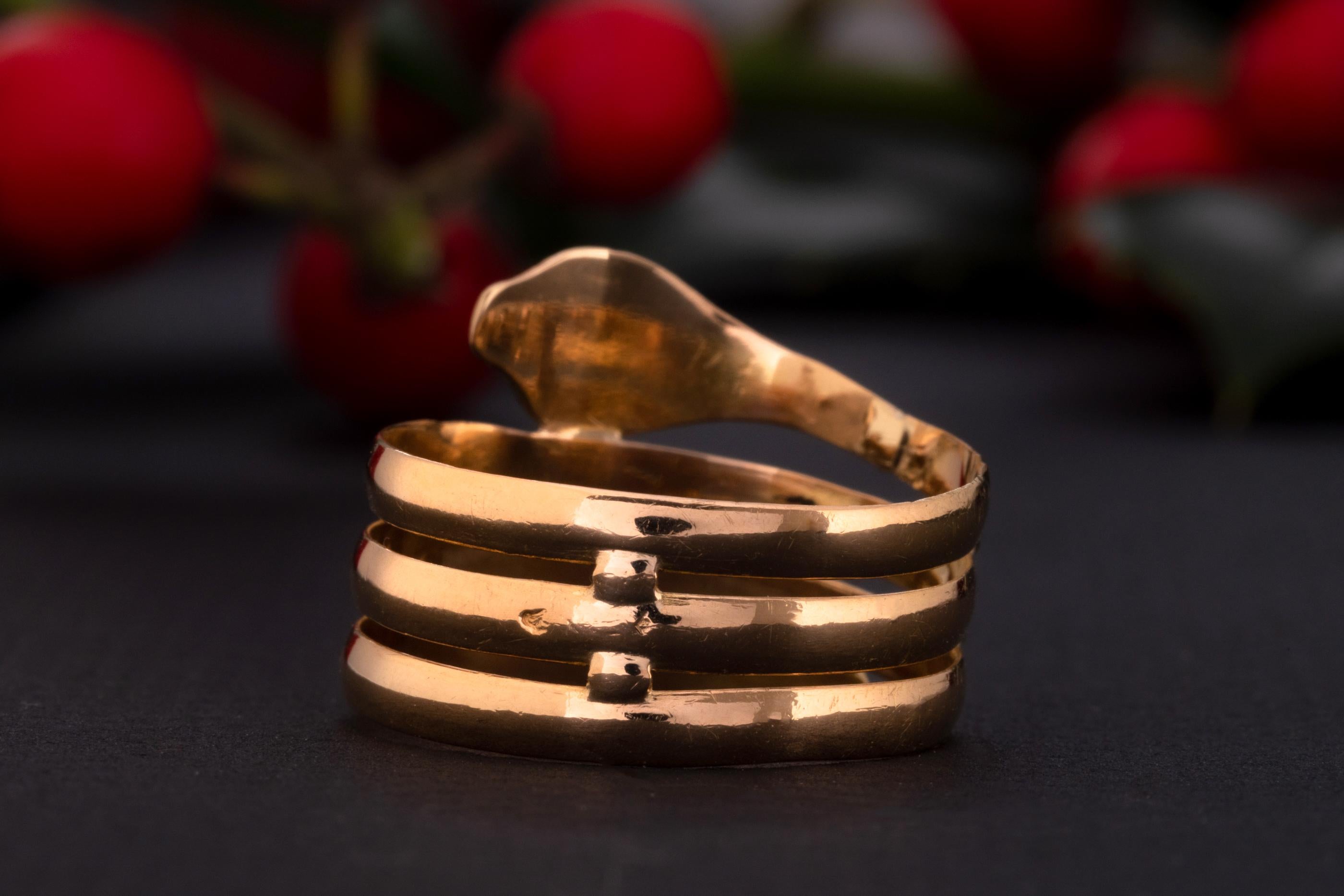 Oval Cut Antique French Garnet Serpent Ring, Antique 1900s Garnet 18k Gold Snake Ring