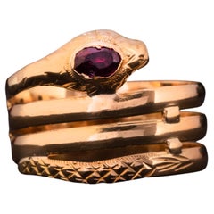 Antique French Garnet Serpent Ring, Antique 1900s Garnet 18k Gold Snake Ring