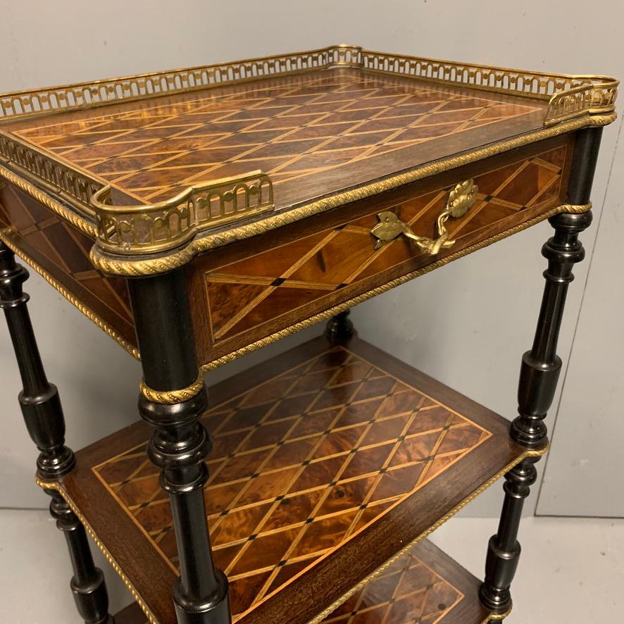 Antique French Geometric Inlaid Burr Amboyna and Ebonized Etagere Side Table For Sale 3