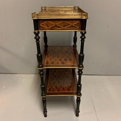 Antique French Geometric Inlaid Burr Amboyna and Ebonized Etagere Side Table