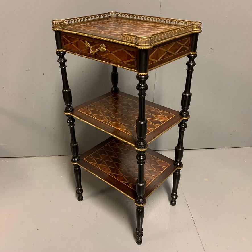 Neoclassical Antique French Geometric Inlaid Burr Amboyna and Ebonized Etagere Side Table For Sale