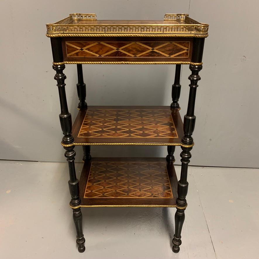 Inlay Antique French Geometric Inlaid Burr Amboyna and Ebonized Etagere Side Table For Sale