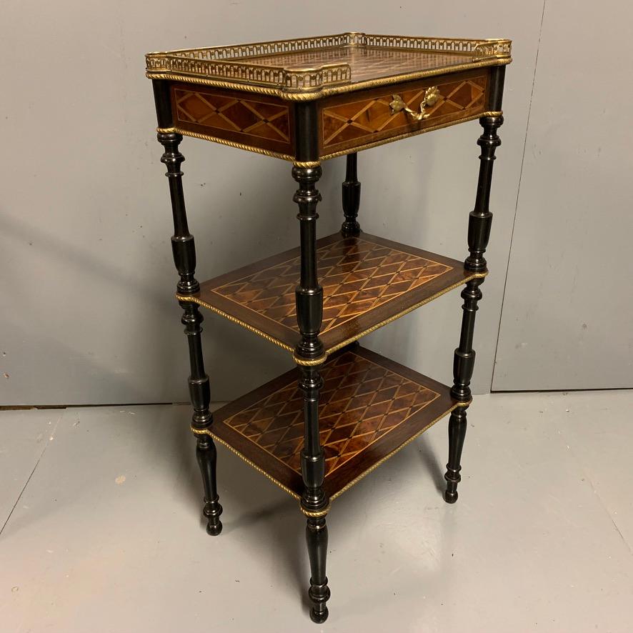 Antique French Geometric Inlaid Burr Amboyna and Ebonized Etagere Side Table In Good Condition For Sale In Uppingham, Rutland
